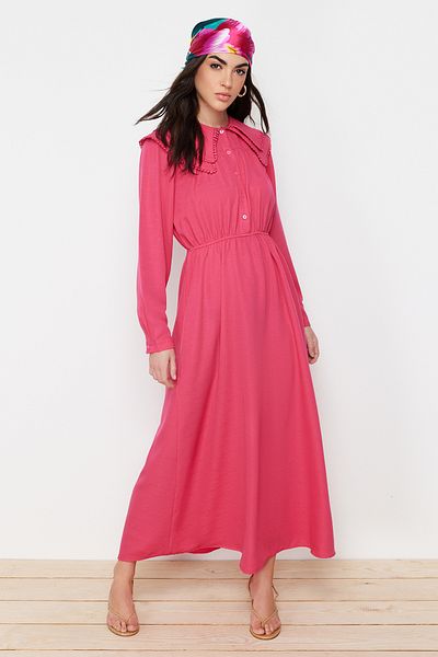 Trendyol Modest Fuchsiafarbenes Webkleid in Leinenoptik mit Kragen für Babys TCTSS24EB00061