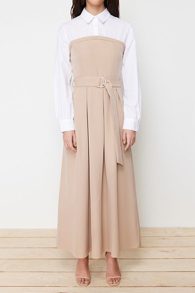 Trendyol Modest Bézs öves belső ing részletes szövésű ruha TCTSS24EB00059