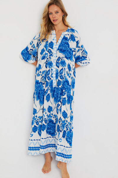 Cool & Sexy Γυναικείο Φαρδύ Maxi Φόρεμα μπλε Q981 με σχέδια