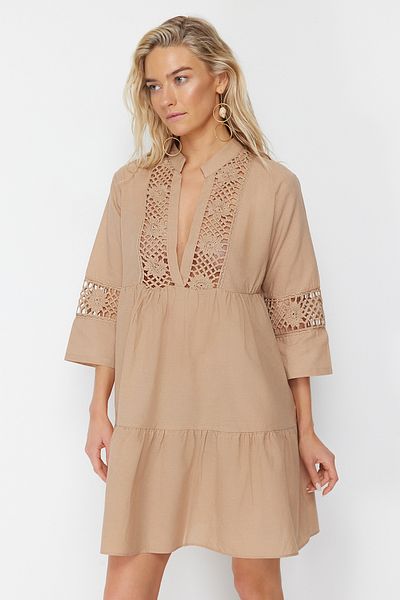 Trendyol Collection Beige Mini Woven Lace Detailed 100% Cotton Beach Dress TBESS20EL0854