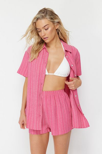 Trendyol Collection Fukszia vászonkeverék szőtt ingek és rövidnadrágok strandkészlet - TBESS23AU00054