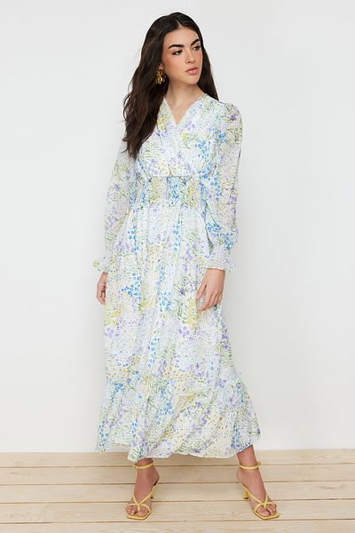 Trendyol Modest Zelené tkané květinové šaty s podšívkou TCTSS24EB00080