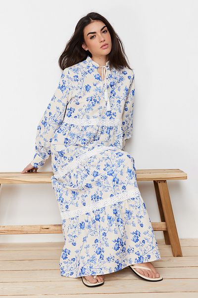 Trendyol Modest Μπεζ λινό λουλουδάτο υφασμένο φόρεμα TCTSS24EB00054
