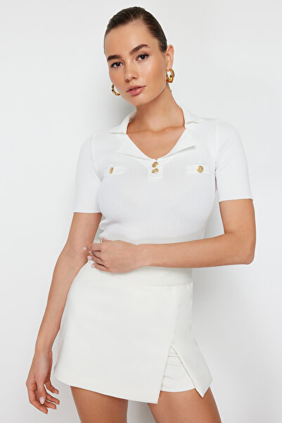Trendyol Collection Ecru Crop Polo Collar Button Detailed Knitwear Sweater TWOSS24KZ00030