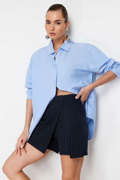 Trendyol Collection Μίνι ψηλόμεσο πλεκτό σορτς μπλέ Navy ριγέ TWOSS23SR00076