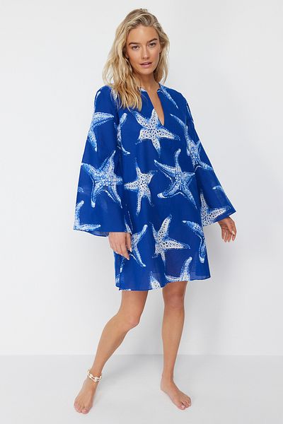 Trendyol Collection Underwater Patterned Wide Fit Maxi Woven 100% Cotton Beach Dress TBESS24EL00035