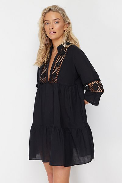 Trendyol Collection Černé mini tkané krajky Detailní 100% bavlna plážové šaty TBESS20EL0854