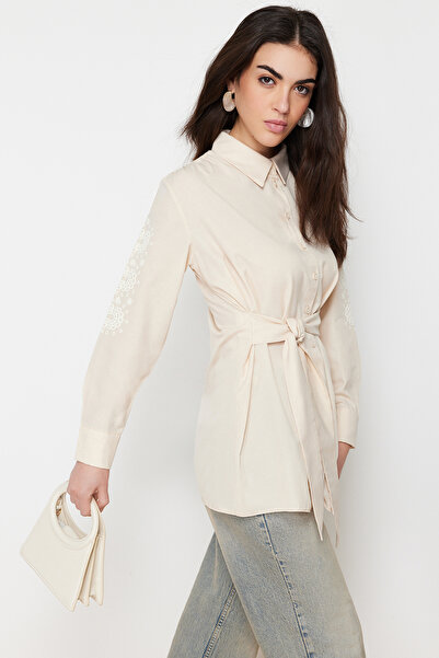 Trendyol Modest Bavlněná tkaná košile - Stone Sleeve Printed, TCTSS24TG00038