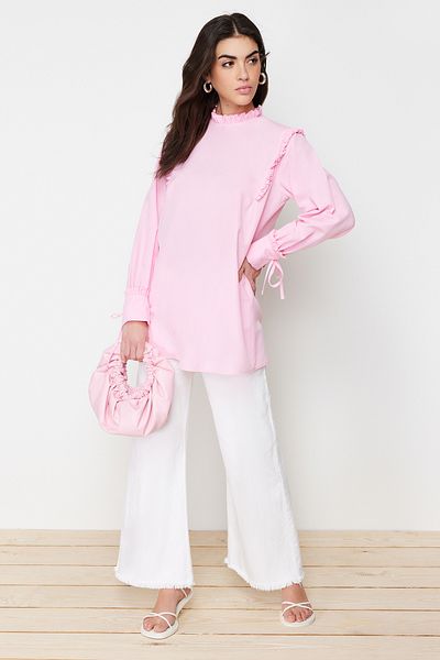 Trendyol Modest Tunica roz din bumbac cu volane pentru umeri si mansete TCTSS23UK00083
