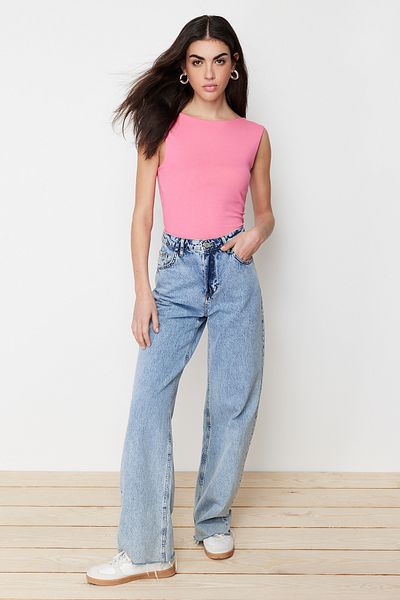 Trendyol Collection Ροζ εξώπλατη εφαρμοστή κανονικού μήκους βαμβακερή ελαστική πλεκτή μπλούζα TWOSS24BZ00031