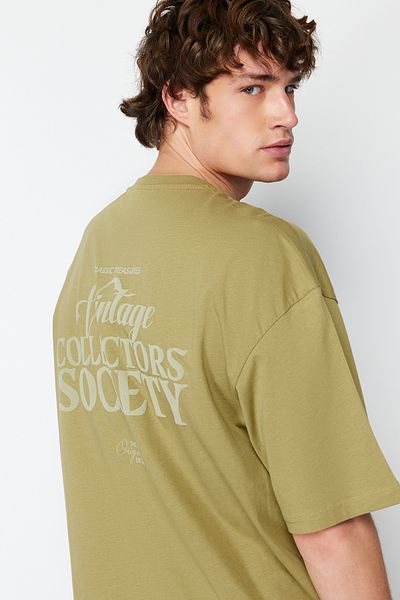 Trendyol Collection Oversize Χακί Χνουδωτό T-Shirt - Text Printed, 100% Cotton, TMNSS24TS00044