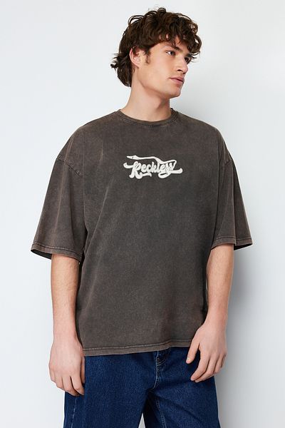 Trendyol Collection Oversize Brown Cotton T-Shirt - Tumbled Faded, 100% Cotton - Tmnss24Ts00120