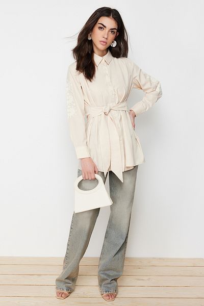 Trendyol Modest Pamut szőtt ing – kő ujjú nyomott, TCTSS24TG00038