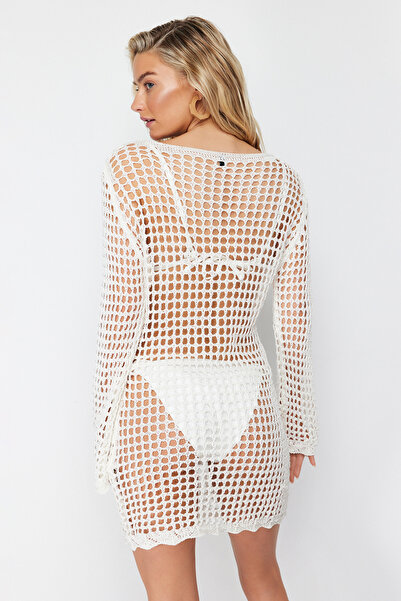 Trendyol Collection Ecru Mini Knitwear Háčkované plážové šaty TBESS24EL00065