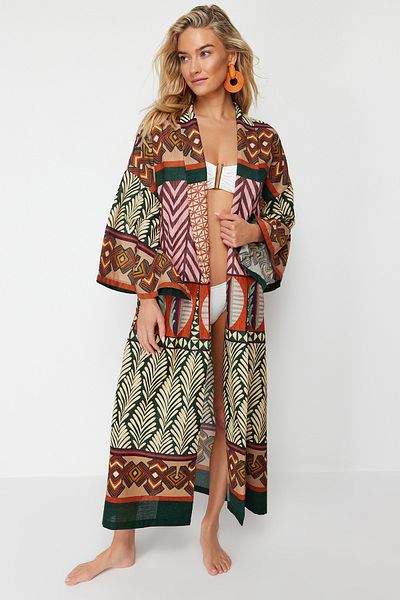 Trendyol Collection Etnický vzor Midi tkaný 100% bavlna Kimono&amp;Kaftan TBESS24KM00022