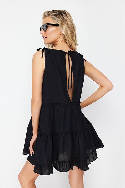 Trendyol Collection Černé široké tkané 100% bavlněné mini plážové šaty TBESS21EL1247