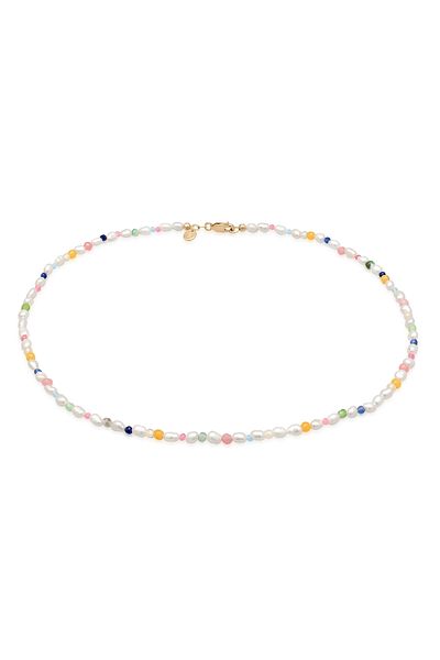 ELLI Halskette Damen Trend Beads mit Süßwasser-Zuchtperlen und Edelsteinen in 925 Sterling Silber Gold
