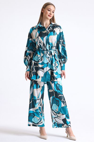 MD trend Women's Geometric Patterned Belted Wide Leg Trousers and Balloon Sleeve Tunic Bottom-Top Satin Set