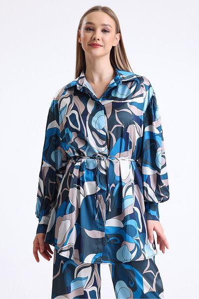 MD trend Women's Geometric Patterned Belted Wide Leg Trousers and Balloon Sleeve Tunic Bottom-Top Satin Set