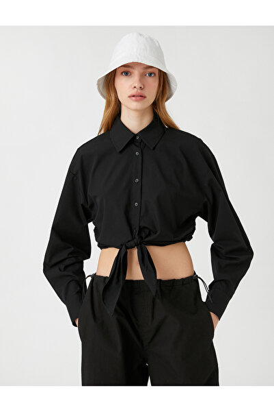 Koton Crop popelínová košile s předním detailem kravaty na knoflíky s dlouhým rukávem