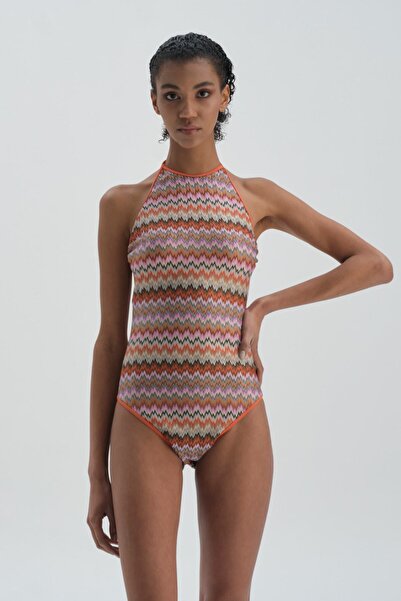 Dagi Kahve Kaplı Halter Yaka Mayo