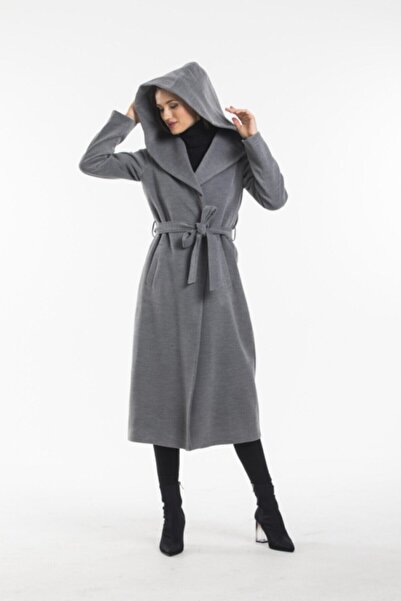 PİTTİ COLLECTİON Women's Gray Hooded Lined Long Cashmere Coat 70481