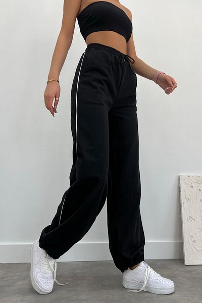 FAVORİST Μαύρο πλαϊνό φαρδύ παντελόνι Unisex