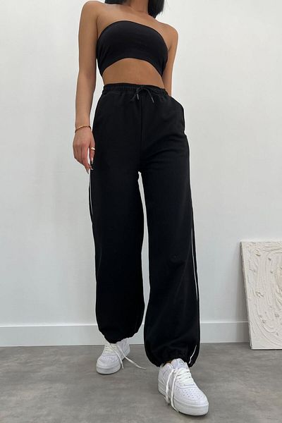 FAVORİST Μαύρο πλαϊνό φαρδύ παντελόνι Unisex