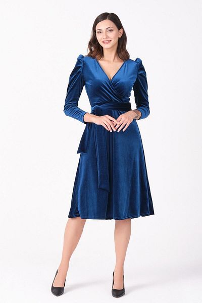 Azra Style Rochie Midi din Catifea Albastru Petrol - Guler dublu si cu centura Plus Size