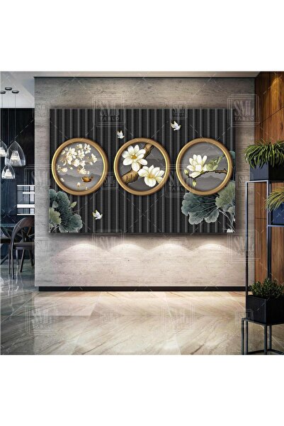 SML TABLO Altın Çerçeve İçinde Doğa Manzara Dekoratif Yatay Kanvas Tablo