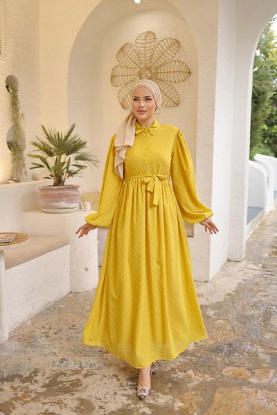 PİNK FLY Cut Chiffon Neck Lined Shirt Collar Long Women's Balloon Sleeve Hijab Dress