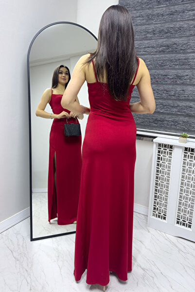 zks grup tekstil Scuba Yırtmaçlı Askılı Elbise Yeşil, Kırmızı, Siyah