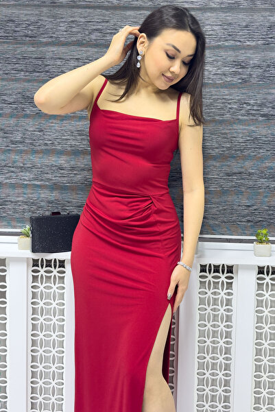 zks grup tekstil Scuba Yırtmaçlı Askılı Elbise Yeşil, Kırmızı, Siyah