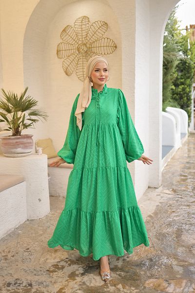 PİNK FLY Rochie hijab cu mâneci balon pentru femei, cu guler înalt, cu ciucuri