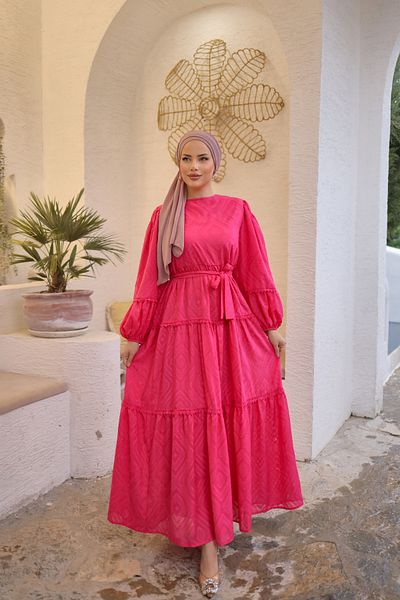 PİNK FLY Belted Lace Detailed Cutout Chiffon Neck Lined Long Women's Balloon Sleeve Hijab Dress