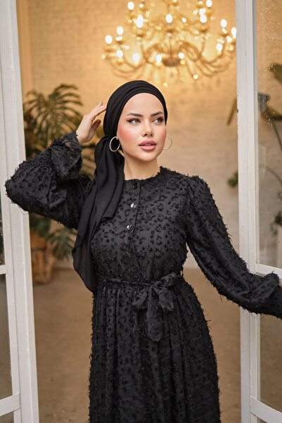 PİNK FLY Güpürlü Kuşaklı Düğmeli Kesme Şifon Boydan Astarlı Uzun Kadın Büzgülü Fırfırlı Kol Tesettür Elbise