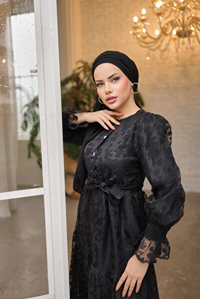 PİNK FLY Güpürlü Şık Düğmeli Kuşaklı Kesme Şifon Boydan Astarlı Uzun Kadın Büzgülü Fırfır Kol Tesettür Elbise