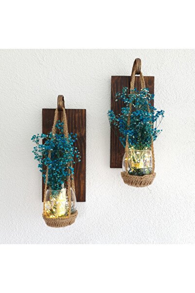 STDEKOR Duvar Dekoru 2 Li Set, Led Işıklı, Mavi Cipso Çiçekli, Ceviz Aplik, B...