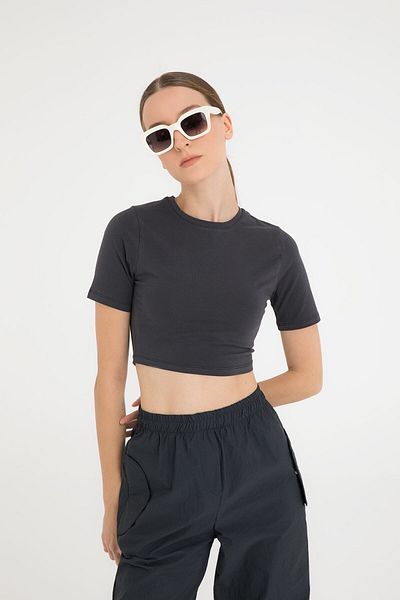 SHEISMONO Cotton Round Neck Short Sleeve Crop Top Smoked