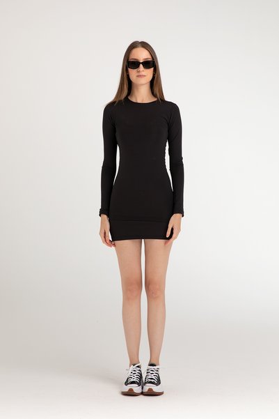 SHEISMONO Soft Touch Long Sleeve Mini Dress Black