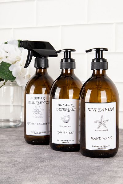 DNS HOME 3 τεμαχίων Amber Glass Label Υγρό Σαπούνι - Απορρυπαντικό Πιάτων - Καθαριστικό Κουζίνας Σετ Σαπουνιού