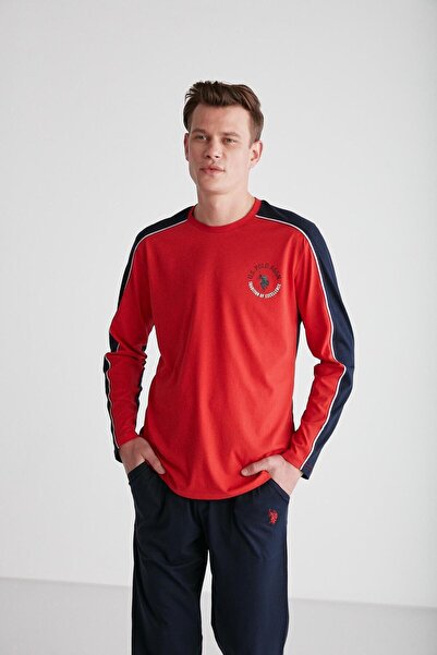 U.S. Polo Assn. Erkek Kırmızı & Lacivert Düz Paça Yuvarlak Yaka 2'li Pijama Takımı