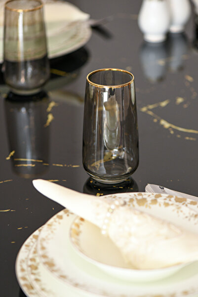 P H Panayır Home Smoked Gray Gold Gilded Soft Drink Water Glass 6 Pieces
