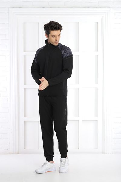 NEED LİFE Men's Black Patterned Diver Zipped Tracksuit Set