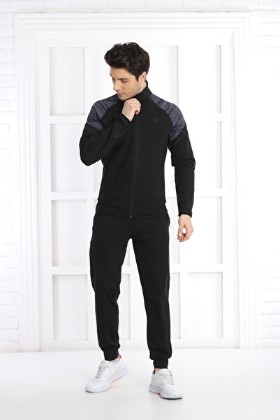 NEED LİFE Erkek Siyah Dalgıç Kumaş Fermuarlı Desenli Eşofman Takımı