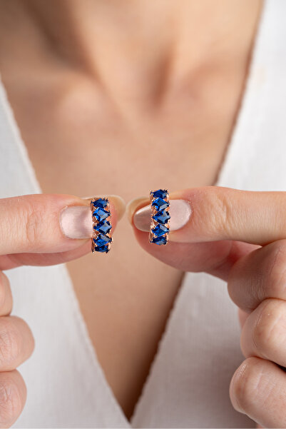 Silvano Jewelry 925 Ayar Gümüş Safir Baget Taşlı Halka Küpe