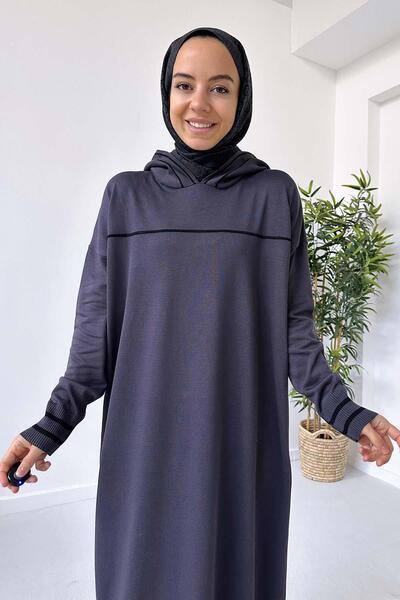 Ka Hijab Kapüşonlu Merserize Tesettür Elbise - Füme