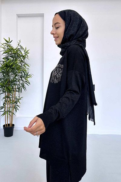 Ka Hijab Stoned Pocket Mercerized Hijab Tunic - Μαύρο