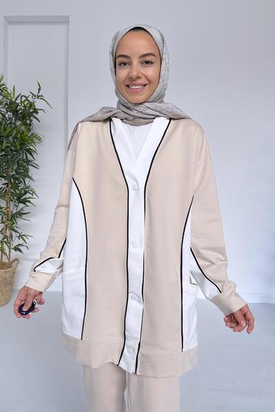 Ka Hijab Double Color Cardigan Two Thread Hijab Set - Milky Brown