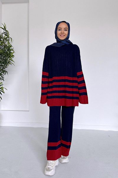 Ka Hijab Double Color Striped Hijab Knitwear Set - Navy Blue
